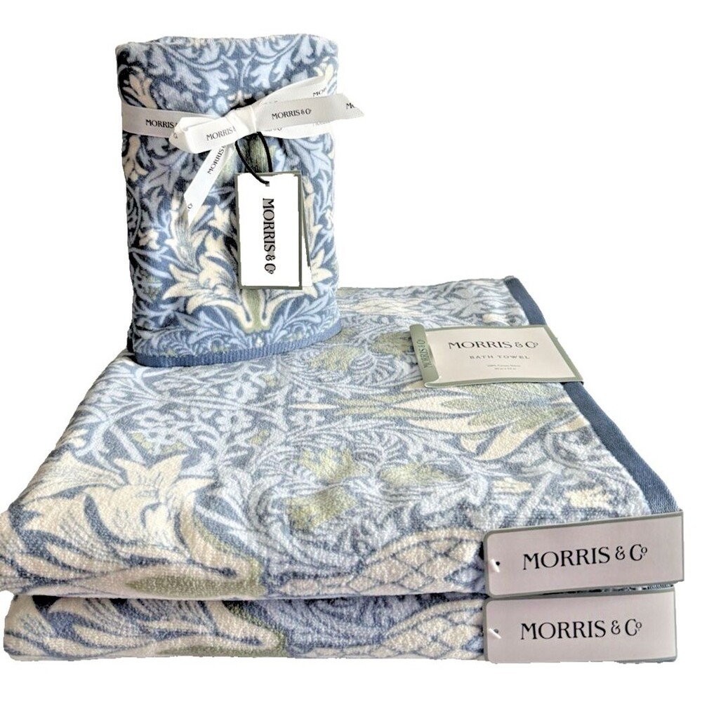 Morris & Co 2 Bath Towels 2 Hand Towels Blue Snakeshead Blue Cotton Velour